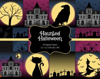 Haunted Halloween-Digital Scrapbook Papers-Kommerzielle Nutzung-Haunted House-Gothic-Geister-Hexen-Katze-Fledermäuse-Friedhof-Instant Download-Paper Pack