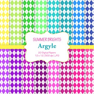May include: 20 digital papers featuring a white and colored argyle pattern. The colors are orange, yellow, green, turquoise, blue, purple, pink, and red.  SUMMER BRIGHTS Argyle 20 Digital Papers 12 x 12 | 300 dpi | JPG