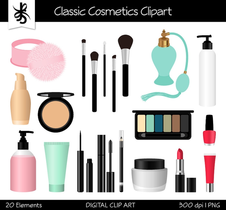 Puede incluir: Un conjunto de 20 im&aacute;genes de clipart de cosm&eacute;ticos cl&aacute;sicos, que incluyen pinceles, maquillaje y botellas de perfume. Las im&aacute;genes est&aacute;n en un estilo de dibujos animados y son perfectas para el scrapbooking digital, la creaci&oacute;n de tarjetas y otros proyectos de manualidades.