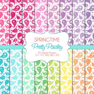 Hübsches Paisley-Frühlingszeit-Digital Scrapbook Papiere-kommerzielle Nutzung-Motiv-Bandana-Blumen-Cowgirl-Rosa-Gelb-Blau-Printable-Instant Download