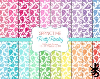 Pretty Paisley-Springtime-Digital Scrapbook Papers-Commercial Use-Motif-Bandana-Floral-Cowgirl-Pink-Yellow-Blue-Printable-Instant Download