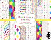 Birthday Patterns-Bright Colors-Digital Scrapbook Papers-Commercial Use-Colorful-Party-Balloons-Invitations-Backgrounds-Instant Download
