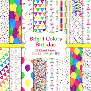 Birthday Patterns-Bright Colors-Digital Scrapbook Papers-Commercial Use-Colorful-Party-Balloons-Invitations-Backgrounds-Instant Download