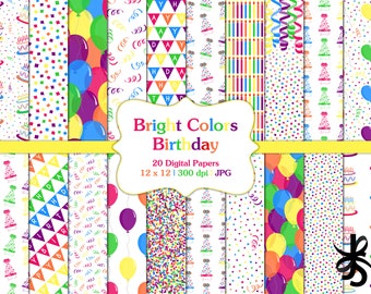 Birthday Patterns-Bright Colors-Digital Scrapbook Papers-Commercial Use-Colorful-Party-Balloons-Invitations-Backgrounds-Instant Download