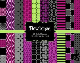 Bewitched-Halloween-Digital Scrapbook Papers-Commercial Use-Nightmare-Purple-Stitches-Rag Doll-Witches-Gothic-Instant Download-Paper Pack