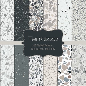 May include: A set of 16 digital papers featuring various terrazzo patterns in shades of gray, brown, white, and black. The papers are 12 x 12 inches and 300 dpi. The text "Terrazzo" is displayed in a black banner.