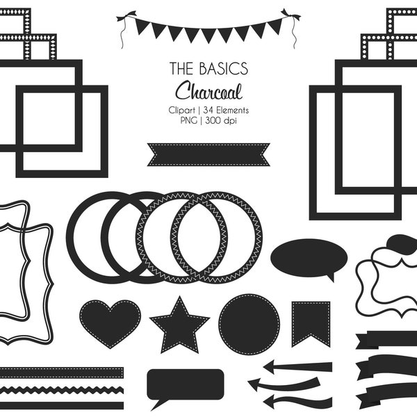 The Basics-Charcoal Gray-Digital Clipart-Commercial Use-Elements-Frames-Arrows-Flags-Banners-Labels-Ribbon-Borders-Instant Download Clip Art