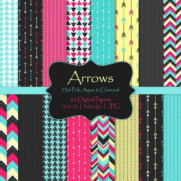 Arrows-Digital Scrapbook Papers-Commercial Use-Hot Pink-Aqua-Charcoal-Geometric-Tribal-Aztec-Triangles-Printable-Instant Download Clip Art