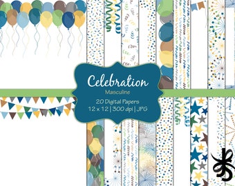 Celebration-Masculine-Digital Scrapbook Papers-Commercial Use-Boy-Man-Dad-Birthday-Party-Balloons-Confetti-Banners-Instant Download Clip Art