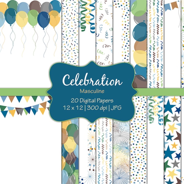 Celebration-Masculine-Digital Scrapbook Papers-Commercial Use-Boy-Man-Dad-Birthday-Party-Balloons-Confetti-Banners-Instant Download Clip Art