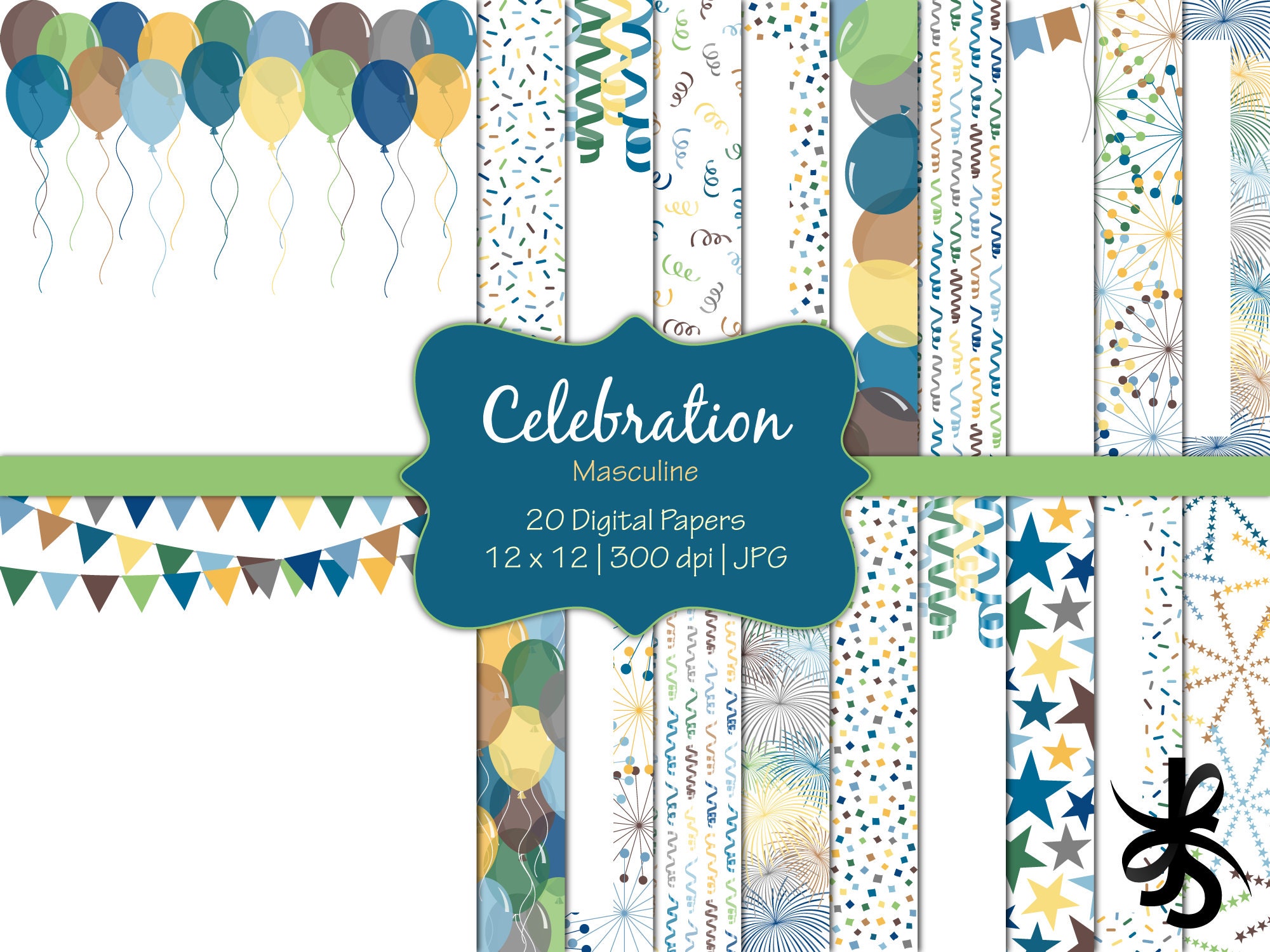 Celebration-Masculine-Digital Scrapbook Papers-Commercial Use-Boy-Man-Dad-Birthday-Party-Balloons-Confetti-Banners-Instant Download Clip Art