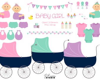 Baby Girl-Digital Clipart-Commercial Use-Scrapbook Elements-Shower-Buggy-Pram-Flag Banner-Safety Pin-Pink-Purple-Green-Instant Download