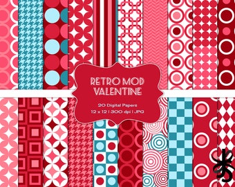 Retro Mod Valentine-Digital Scrapbook Papers-Commercial Use-Geometric Pattern-Background-Wallpaper-Printable-Instant Download Clip Art