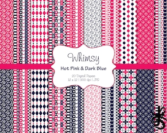 Whimsical Patterns-Hot Pink and Dark Blue-Digital Scrapbook Papers-Commercial Use-Whimsy-Harlequin-Patchwork-Instant Download Clip Art
