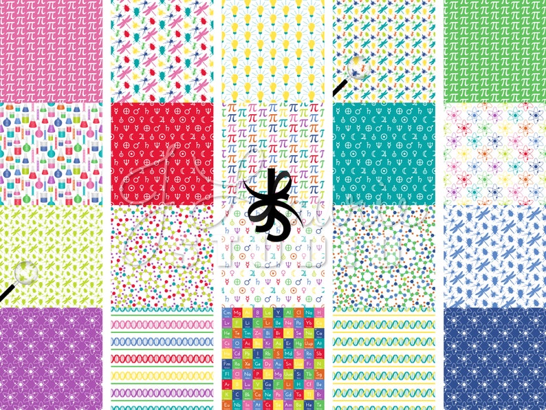 以下が含まれることがあります： 科学をテーマにした12種類の異なるパターンを含むデジタルペーパーパック。パターンには、原子、分子、化学記号、電球、トンボ、円周率の数学記号が含まれています。