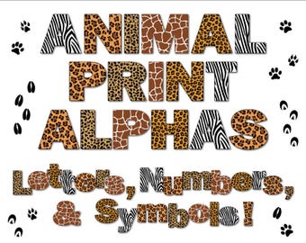 Animal Print Digital Alphabet Letters Clipart-Zoo-Numbers-Alphas-Scrapbook-Invitations-Instant Download Clip Art-Commercial Use