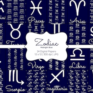 Zodiac Signs-Digital Scrapbook Papers-Commercieel Gebruik-Astrologie-Horoscoop-Midnight Blue-Gemini-Aries-Leo-Scorpio-Instant Download Clip Art