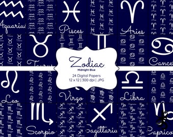 Zodiac Signs-Digital Scrapbook Papers-Commercial Use-Astrology-Horoscope-Midnight Blue-Gemini-Aries-Leo-Scorpio-Instant Download Clip Art