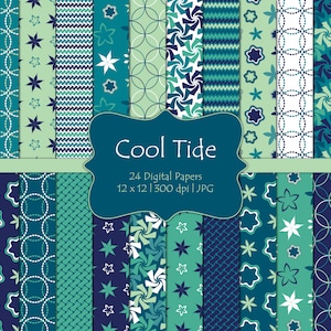 May include: A set of 24 digital papers in teal, blue, and white featuring various patterns including stars, circles, stripes, and swirls. The text "Cool Tide" and "24 Digital Papers 12 x 12 | 300 dpi | JPG" is displayed on a teal banner.