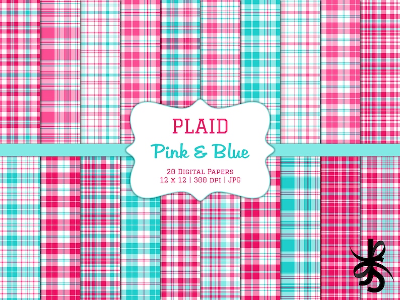 Pink and Blue Plaid-Digital Scrapbook Papers-Commercial Use-Turquoise-Girl-Preppy-Tartan-Wallpaper-Backgrounds-Instant Download Clip Art 