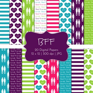 BFF-Digital Scrapbook Papiere-Kommerzielle Nutzung-Freundschaft-Beste Freunde-Teen-Silhouetten-Herzen-Lila-Pink-Blau-JPG-Instant Download