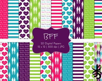 BFF-Digital Scrapbook Papers-Commercial Use-Friendship-Best Friends-Teen-Silhouettes-Hearts-Purple-Pink-Blue-JPG-Instant Download