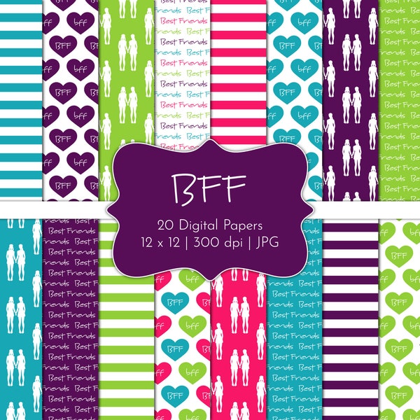 BFF-Digital Scrapbook Papers-Commercial Use-Friendship-Best Friends-Teen-Silhouettes-Hearts-Purple-Pink-Blue-JPG-Instant Download