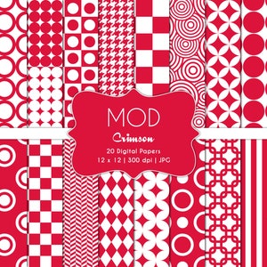 Mod Patterns-Crimson Red-Digital Scrapbook Papers-Commercial Use-Psychedelic-Geometric-Retro-Sixties-Printable-Instant Download Clip Art