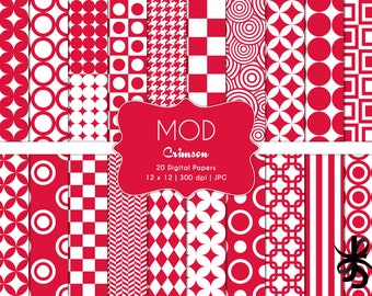 Mod Patterns-Crimson Red-Digital Scrapbook Papers-Commercial Use-Psychedelic-Geometric-Retro-Sixties-Printable-Instant Download Clip Art