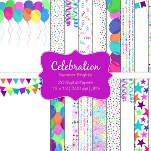 Celebration-Summer Bright Colors-Digital Scrapbook Papers-Commercieel gebruik-Birthday-Party-Balloons-Confetti-Banners-Instant Download Clip Art