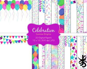 Celebration-Summer Bright Colors-Digital Scrapbook Papers-Commercial Use-Birthday-Party-Balloons-Confetti-Banners-Instant Download Clip Art