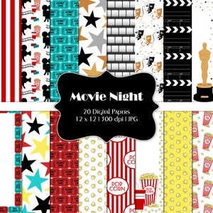 Noche de cine - Papeles de álbum de recortes digitales - Uso comercial - Palomitas de maíz - Cine - Tira de película - Tablilla - Tema de película - Fiesta de películas - Estrellas - Descarga instantánea