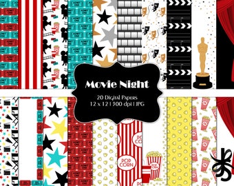 Movie Night-Digital Scrapbook Papers-Commercial Use-Popcorn-Theatre-Film Strip-Clapboard-Movie Theme-Movie Party-Stars-Instant Download