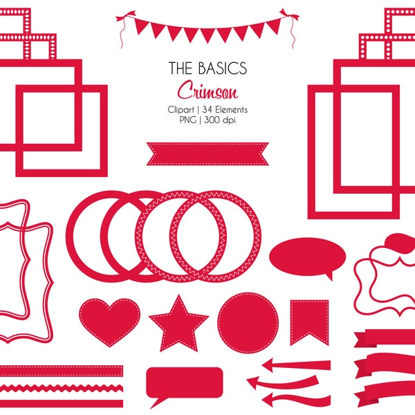 The Basics-Crimson Red-Digital Clipart-Commercial Use-Elements-Frames-Arrows-Flags-Banners-Labels-Ribbon-Borders-Instant Download Clip Art