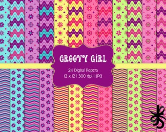 Chica Groovy - Papeles digitales para álbumes de recortes - Uso comercial - Flower Power - Chevron - Setenta y sesenta - Hippie - Patrones retro - Descarga instantánea de imágenes prediseñadas