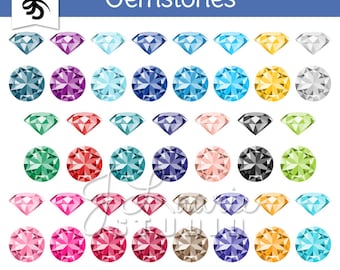 May include: A set of 46 digital clip art images of gemstones in various colors and shapes. The gemstones are in a round and diamond shape. The images are 300 dpi and in PNG format.