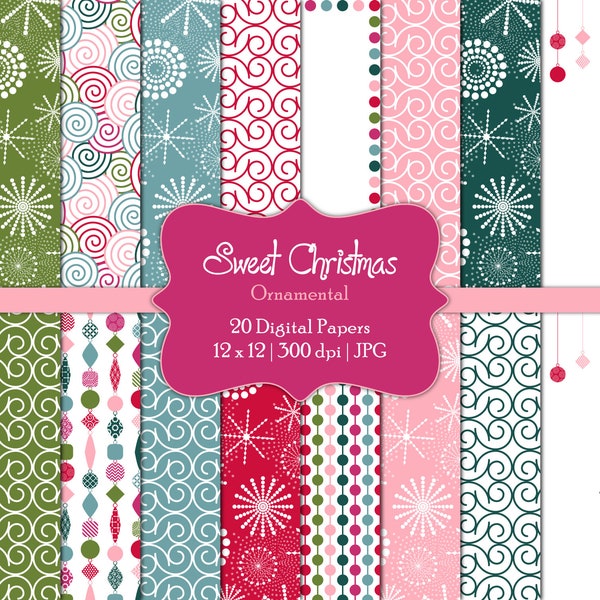 Ornamental Patterns-Sweet Christmas-Digital Scrapbook Papers-Commercial Use-Winter-Retro-Modern-Pink-Printable-Instant Download Clip Art