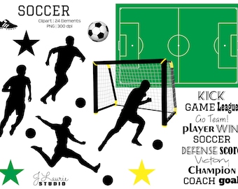 Soccer-Digital Clipart-Commercial Use-Ball-Field-Net-Shoes-Team-Sports-Player-Silhouette-Scrapbook Elements-Instant Download Clip Art