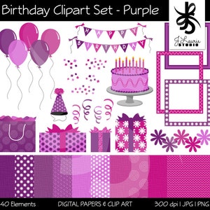 Birthday Clipart & Digital Paper Set-Purple-Girl-Celebration-Party-Scrapbooking-Card Making-Balloons-Banners-Cake-Instant Download Clip Art