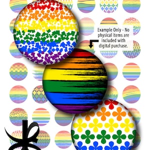 Op de afbeelding: Digitale cirkels met diverse regenboogontwerpen, waaronder strepen en bloempatronen. Het woord "PRIDE" staat bovenaan. De cirkels hebben een diameter van 2,54 cm en zijn ontworpen voor een A4-vel. De afbeeldingstekst luidt: "Alleen voorbeeld - Er zijn geen fysieke items inbegrepen bij de digitale aankoop."