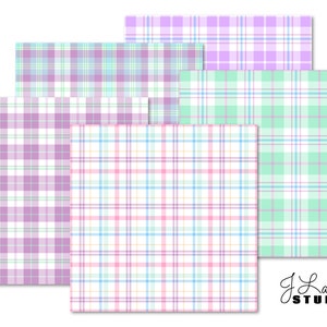 May include: Four digital paper patterns featuring plaid designs in shades of pink, purple, green, and blue. The patterns are arranged in a stack with the J. Laurie Studio logo at the bottom.