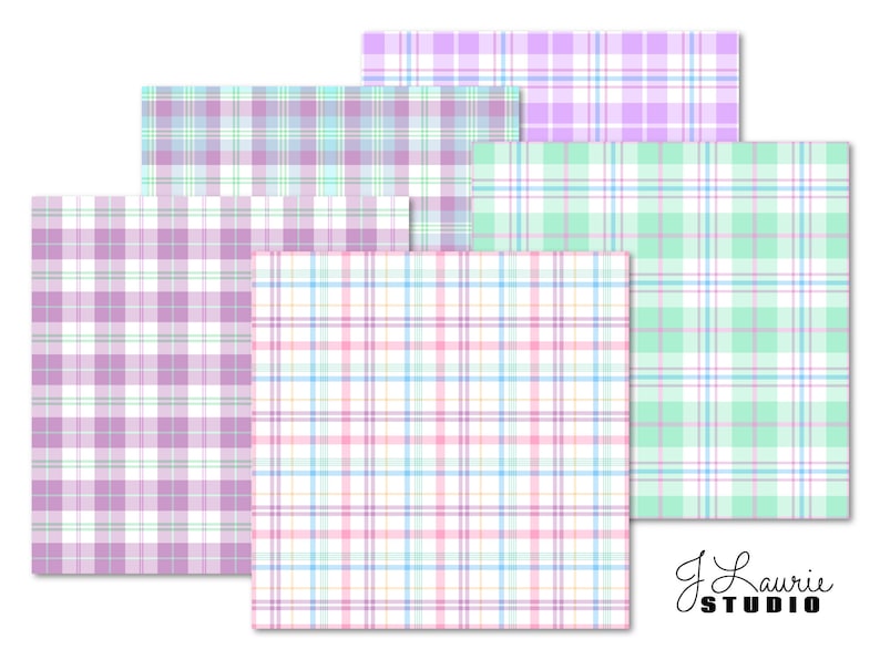 May include: Four digital paper patterns featuring plaid designs in shades of pink, purple, green, and blue. The patterns are arranged in a stack with the J. Laurie Studio logo at the bottom.