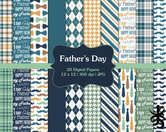 Fathers Day-Digital Scrapbook Papers-Commercial Use-Dad-Male-Man-Masculine-Navy Blue-Mustache-Plaid-Backgrounds-Printable-Instant Download