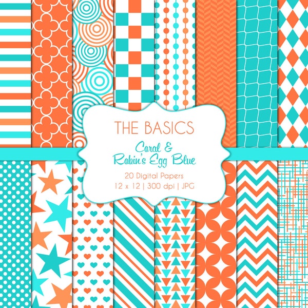 The Basics-Coral and Robin's Egg Blue Patterns-Digital Scrapbook Papers-Commercial Use-Orange-Turquoise-Geometric-Printable-Instant Download