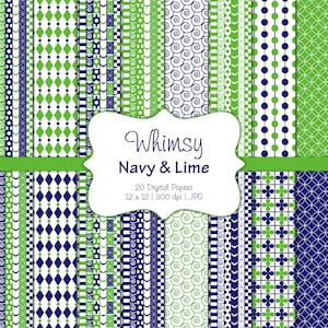 May include: A set of 20 digital papers in navy blue, lime green, and white featuring various geometric patterns. The papers are 12 inches by 12 inches and 300 dpi. The title "Whimsy Navy & Lime" is displayed on the image.
