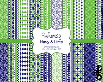 Whimsical Patterns-Navy and Lime-Digital Scrapbook Papers-Commercial Use-Green-Blue-Whimsy-Harlequin-Patchwork-Instant Download Clip Art