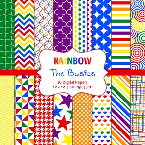 May include: A set of 20 digital papers featuring rainbow-themed patterns. The papers are 12 inches by 12 inches and 300 dpi. The patterns include geometric shapes, stripes, polka dots, and more.
