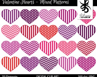 Digitale clipart harten-valentijn harten-valentijnskaarten clipart-rood-roze-paars-chevron-strepen-polkadots-printables-Instant Download illustraties