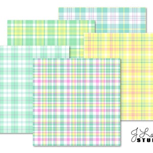 May include: Four digital paper patterns featuring a plaid design in shades of green, yellow, pink, and white. The patterns are arranged in a stack, with the top pattern being a light green and white plaid, followed by a yellow and white plaid, then a pink and white plaid, and finally a light green and white plaid.