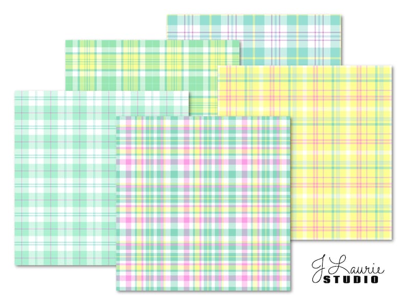 May include: Four digital paper patterns featuring a plaid design in shades of green, yellow, pink, and white. The patterns are arranged in a stack, with the top pattern being a light green and white plaid, followed by a yellow and white plaid, then a pink and white plaid, and finally a light green and white plaid.